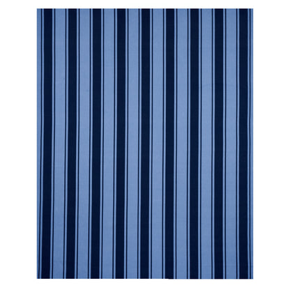 Blue striped fabric with alternating navy and light blue vertical stripes; bold geometric pattern.