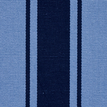 Close-up of blue striped woven fabric with a wide navy center stripe and lighter blue side stripes.