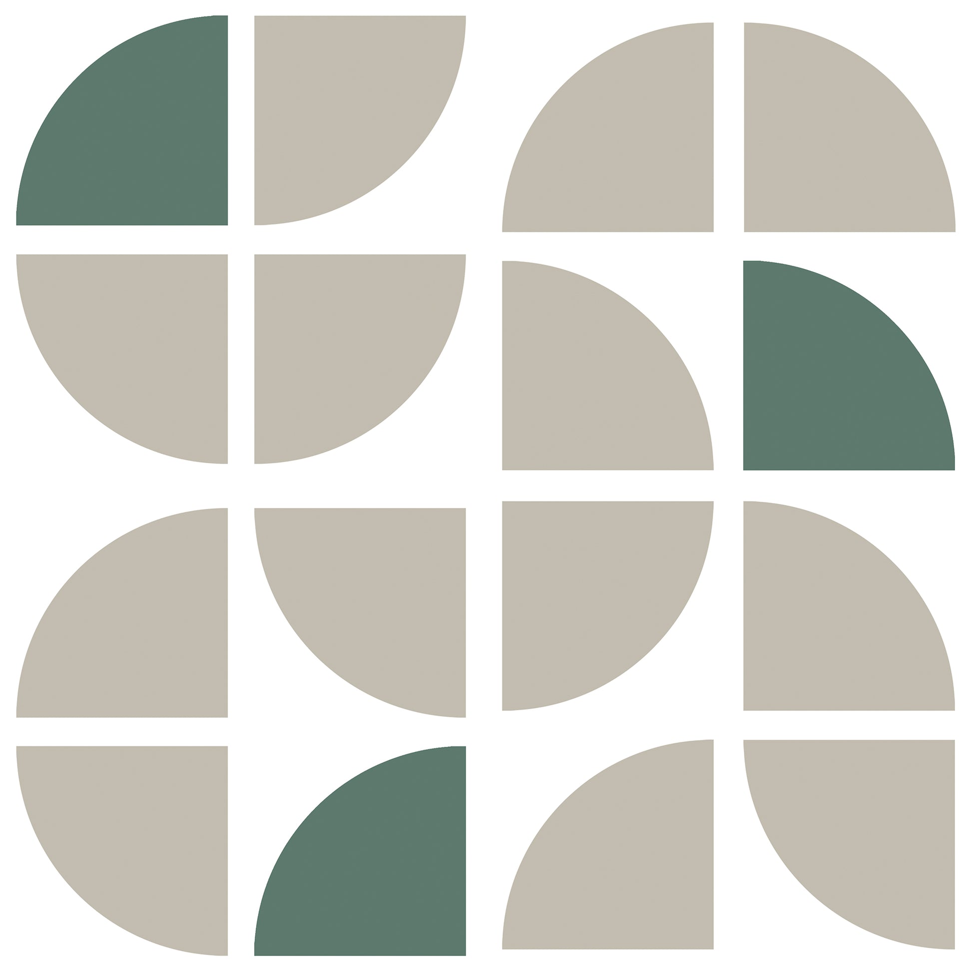Geometric taupe wallpaper pattern with quarter-circle crescents forming circular segments in a 4x4 grid.