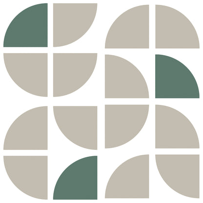 Geometric taupe wallpaper pattern with quarter-circle crescents forming circular segments in a 4x4 grid.