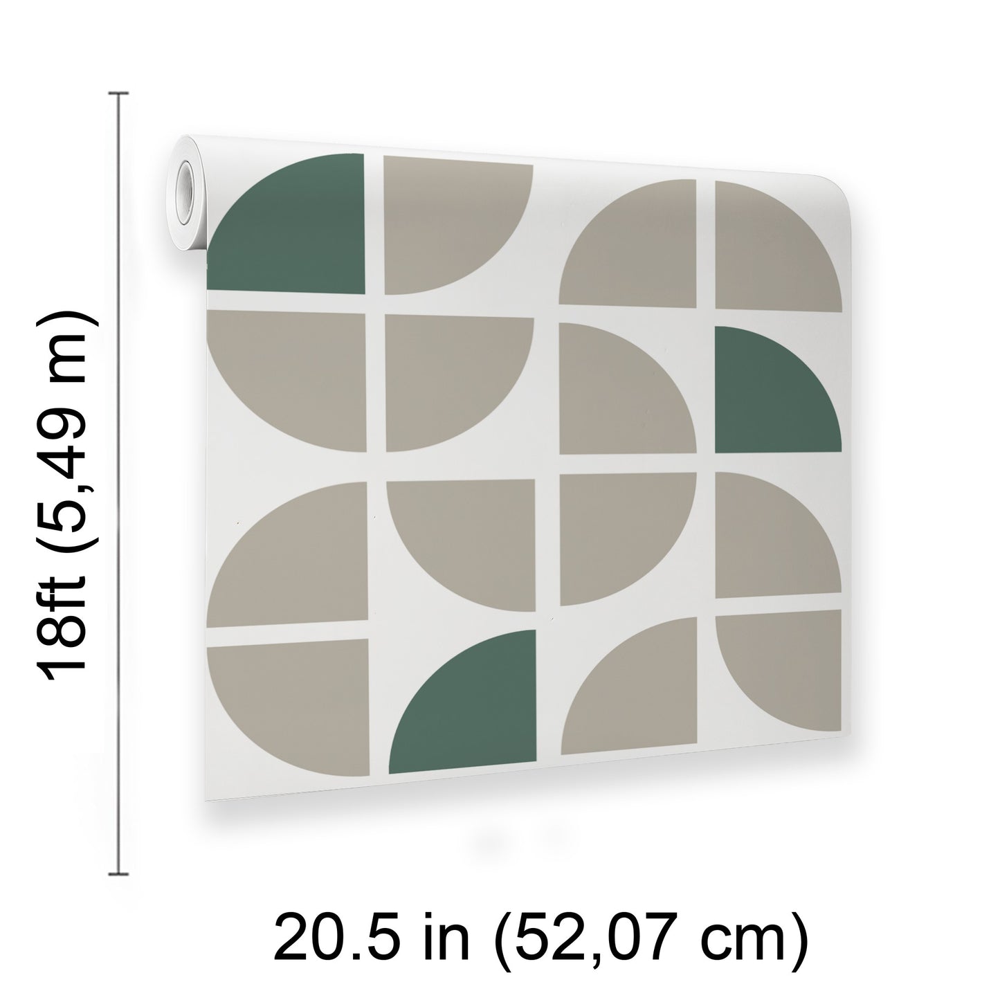 Peel-and-stick wallpaper with a geometric crescent pattern in taupe and dark green on a beige background.