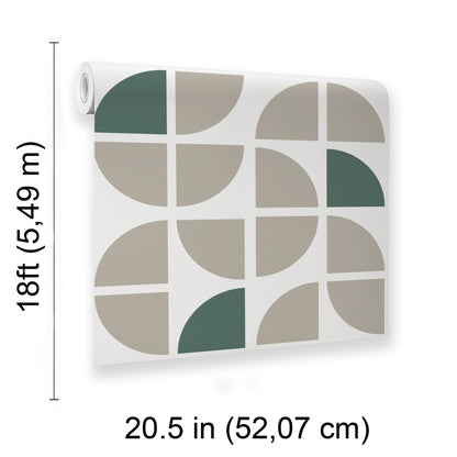 Peel-and-stick wallpaper with a geometric crescent pattern in taupe and dark green on a beige background.
