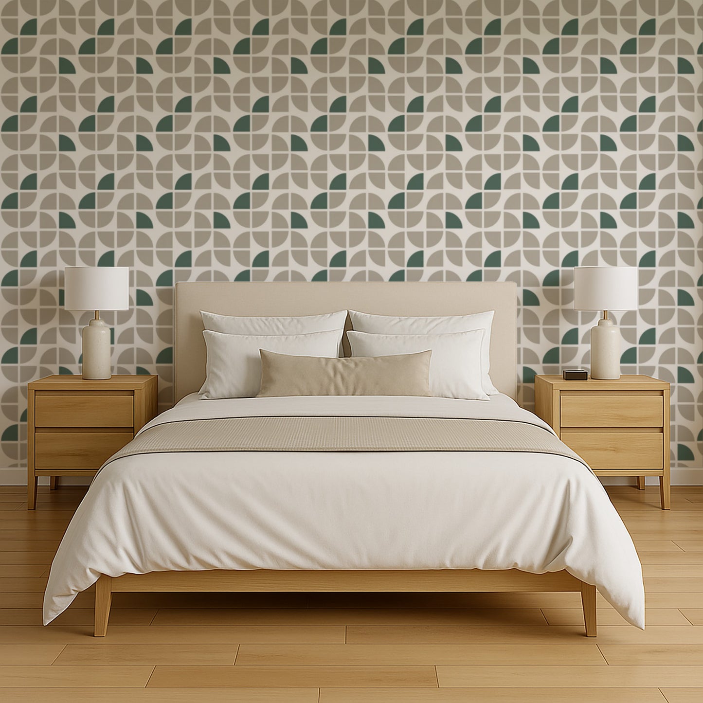 Taupe geometric crescent wallpaper with an abstract modern pattern; peel-and-stick wallpaper on a wall.