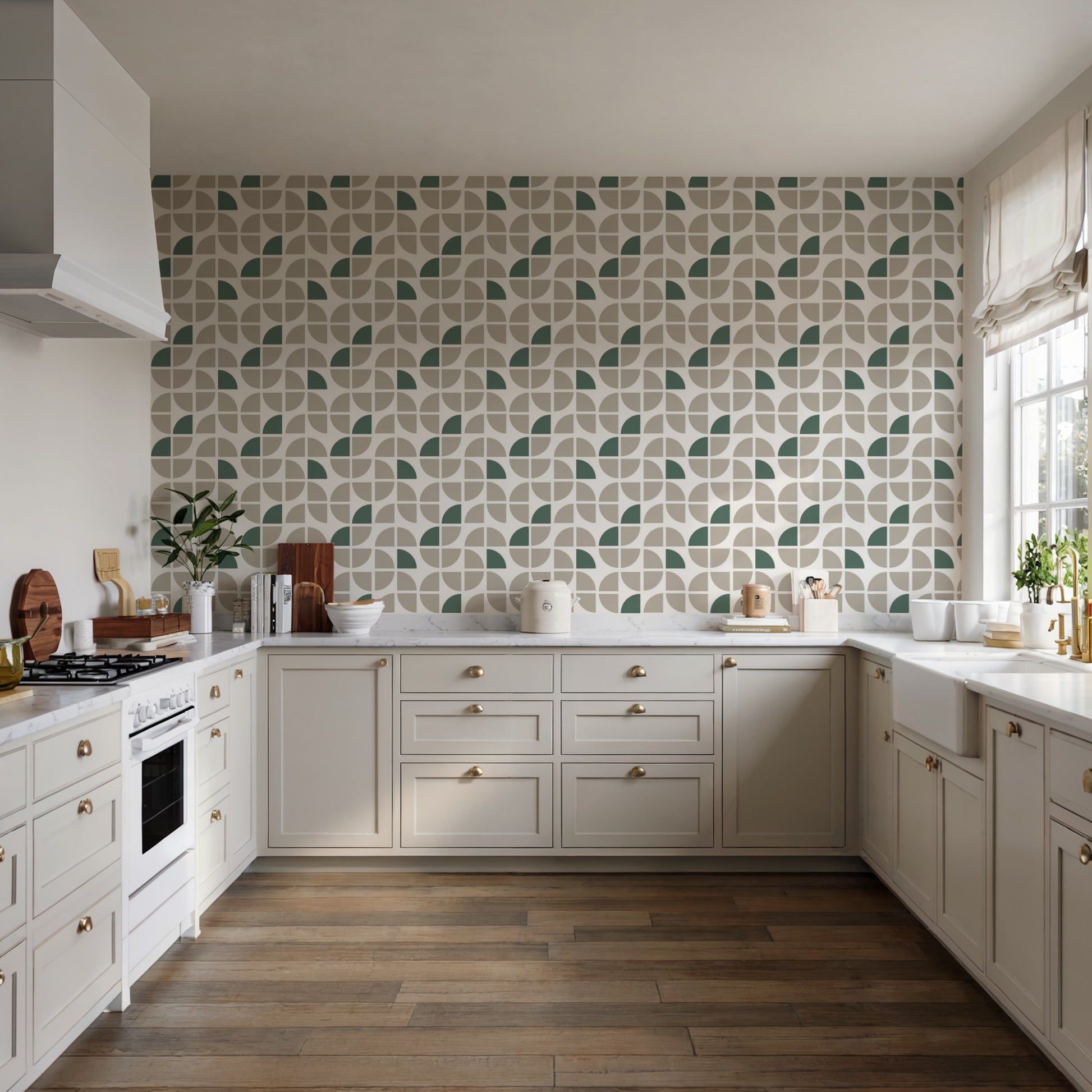 Bright white wall with taupe geometric crescent wallpaper in a modern design.