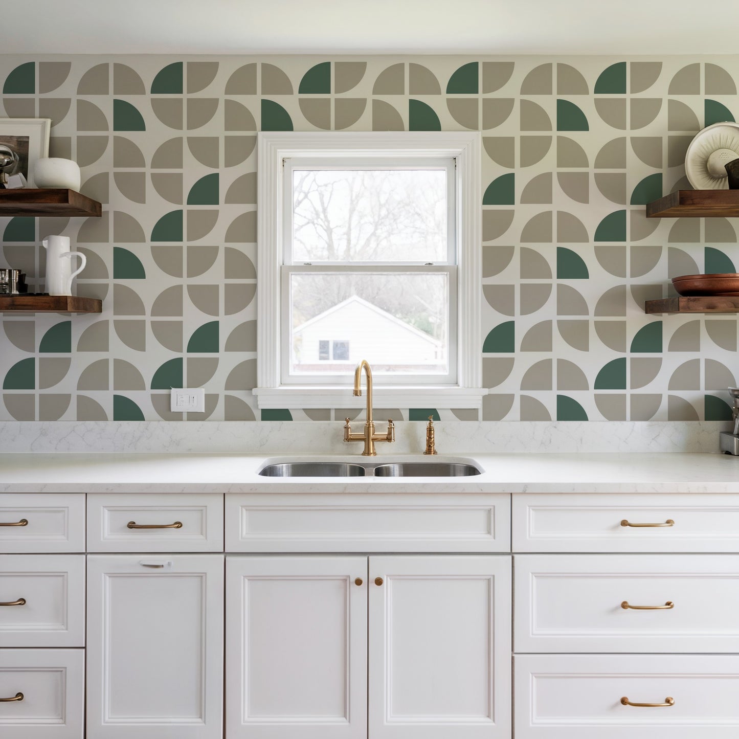 Abstract geometric wallpaper with taupe crescent shapes and gray tones; peel-and-stick.
