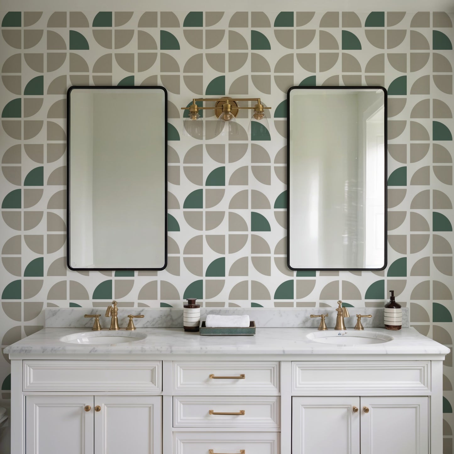 Taupe crescent geometric wallpaper, peel-and-stick, abstract modern pattern on wall.