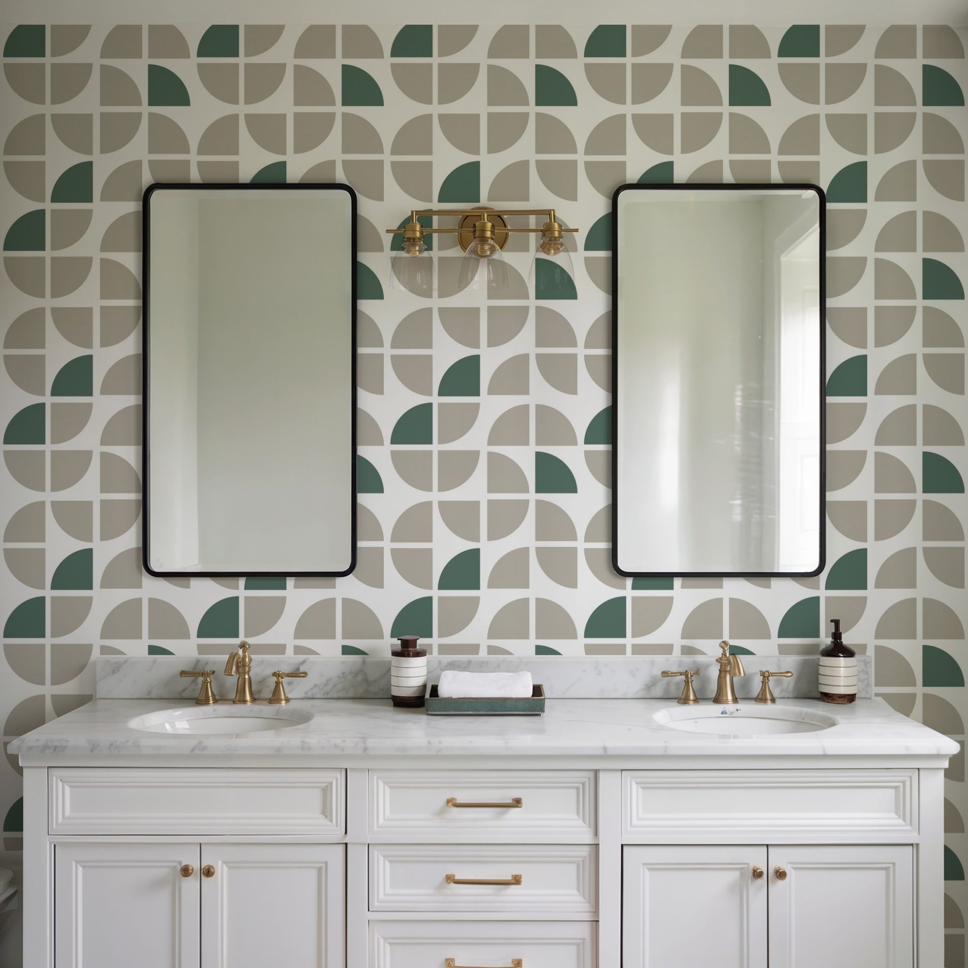 Taupe crescent geometric wallpaper, peel-and-stick, abstract modern pattern on wall.