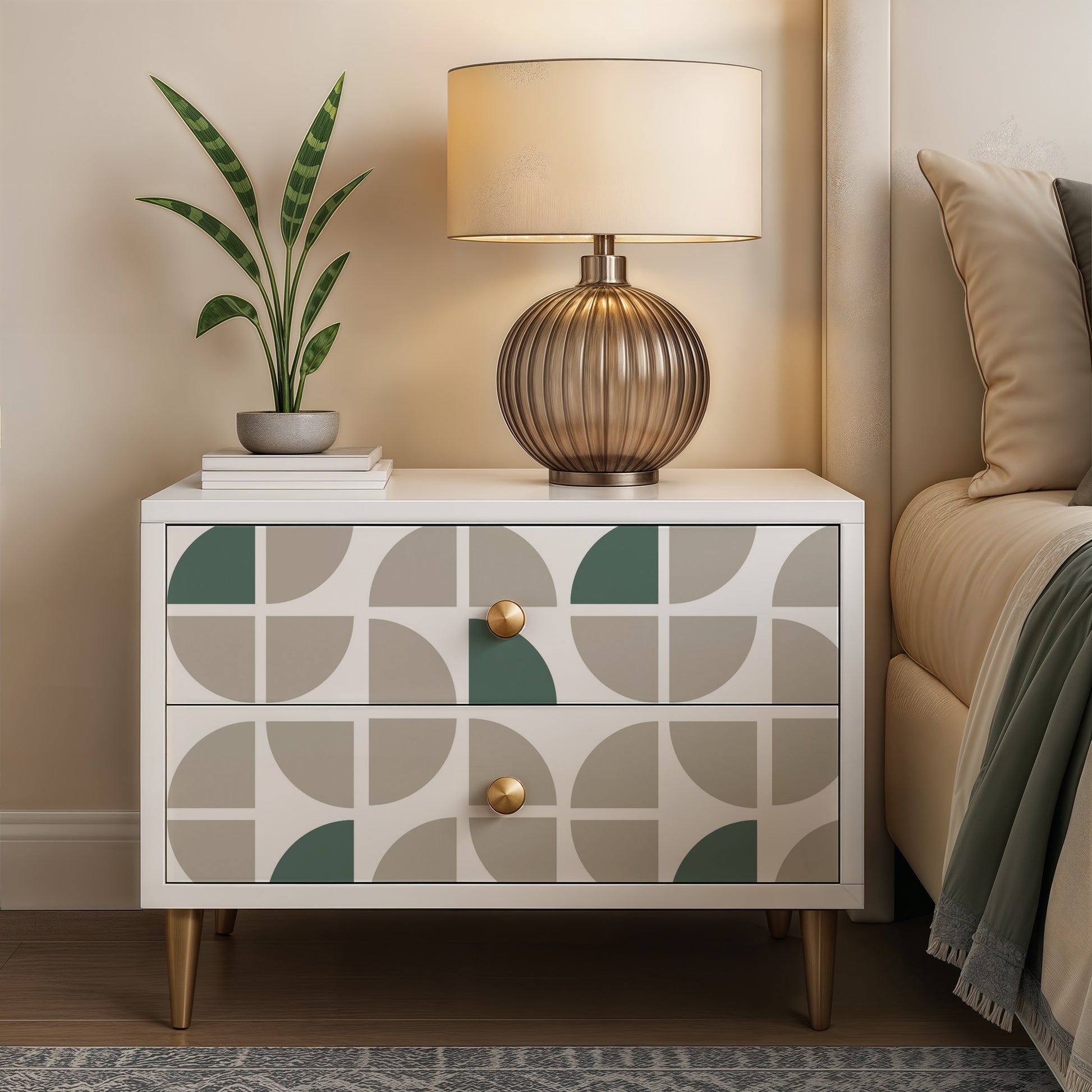 Taupe wallpaper with geometric crescent pattern; abstract modern wallcovering, peel-and-stick.