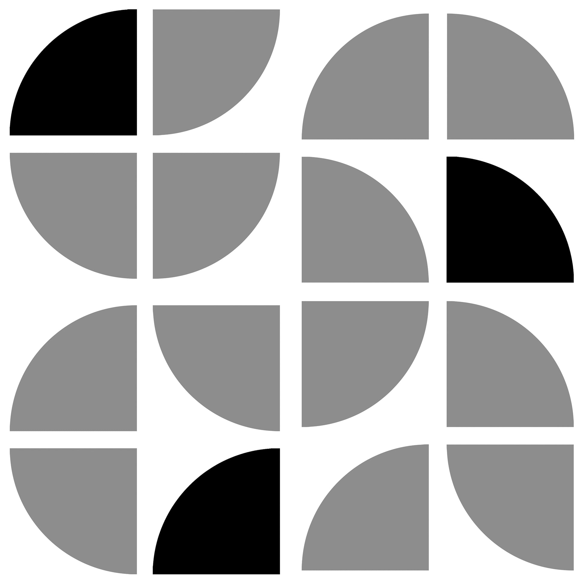 Geometric abstract tile design with grey and black quarter-circle segments forming a 4x4 grid.