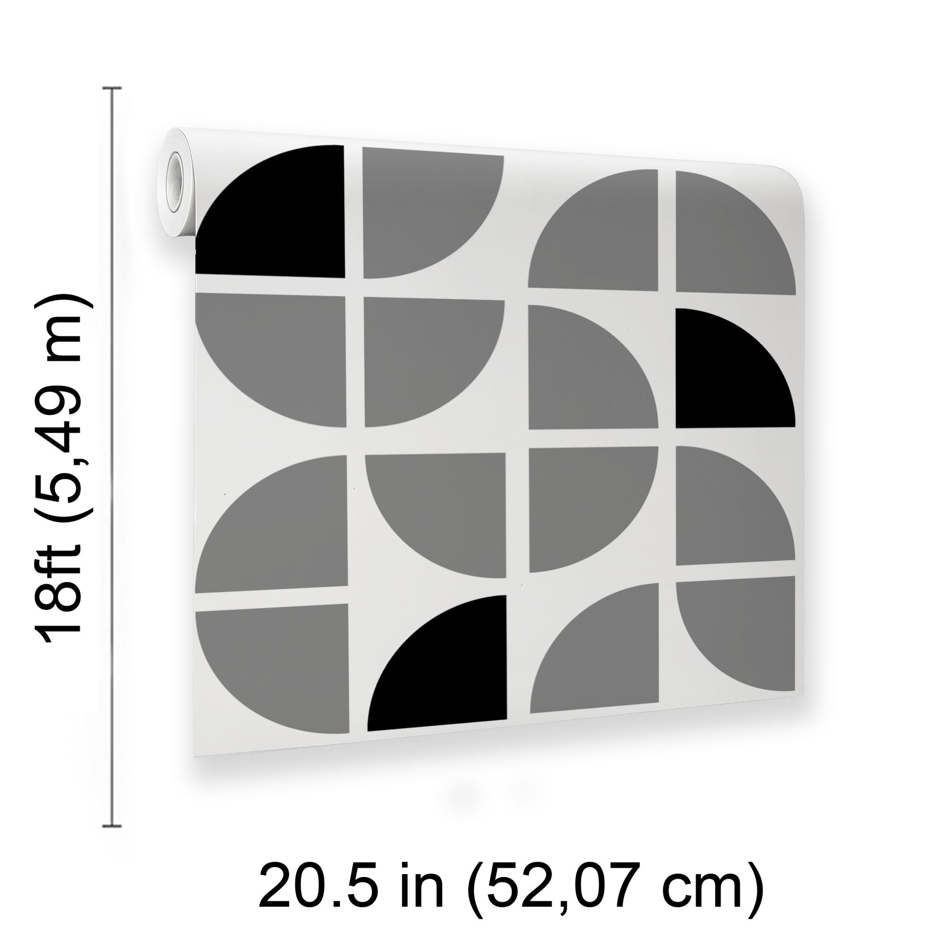 Geometric wall art panel with a 3x3 grid of black/gray quarter-circles on white; hanging hole on left edge; 20.5 in wide.