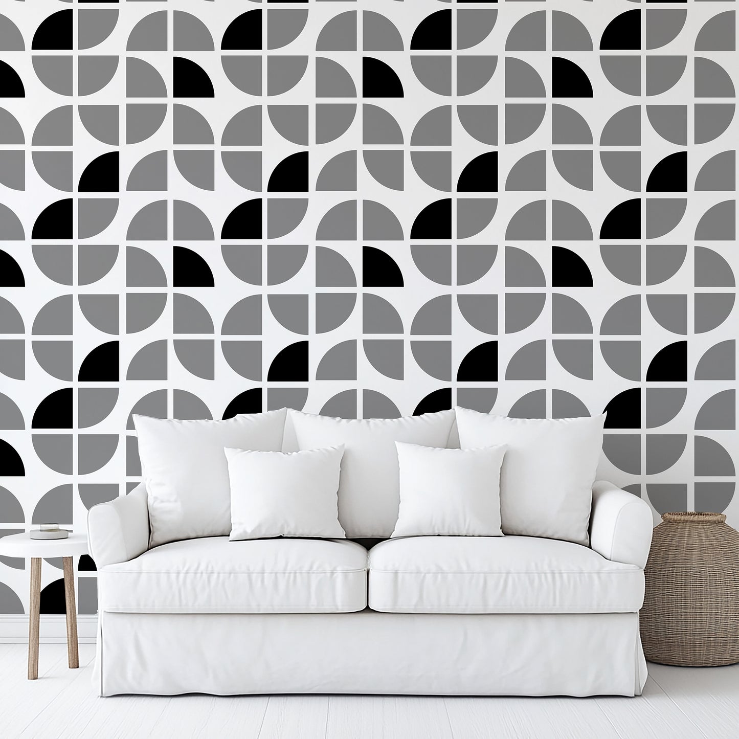 Gray wallpaper with a modern geometric crescent pattern.