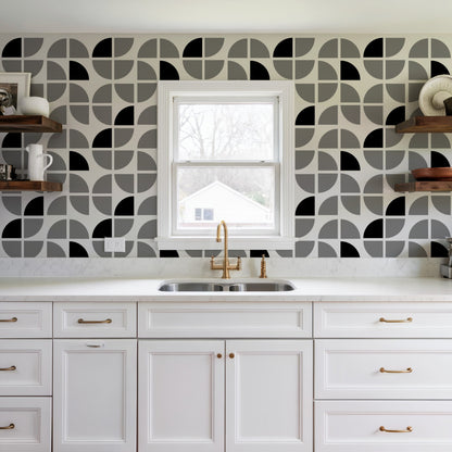 Geometric crescent pattern wallpaper in gray tones, peel-and-stick, abstract modern design.