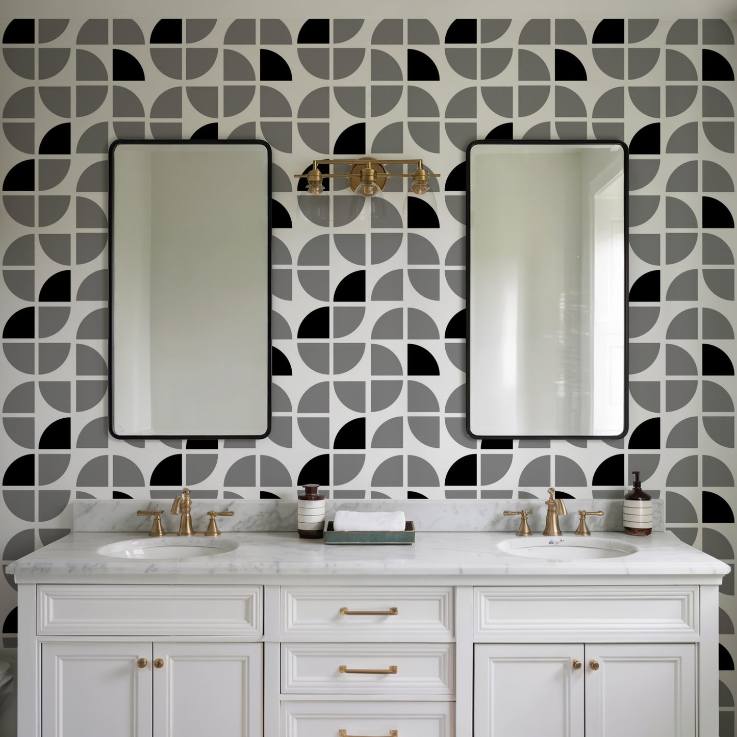 Gray geometric crescent pattern peel-and-stick wallpaper, abstract modern gray design.