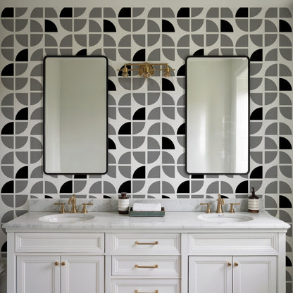 Gray geometric crescent pattern peel-and-stick wallpaper, abstract modern gray design.