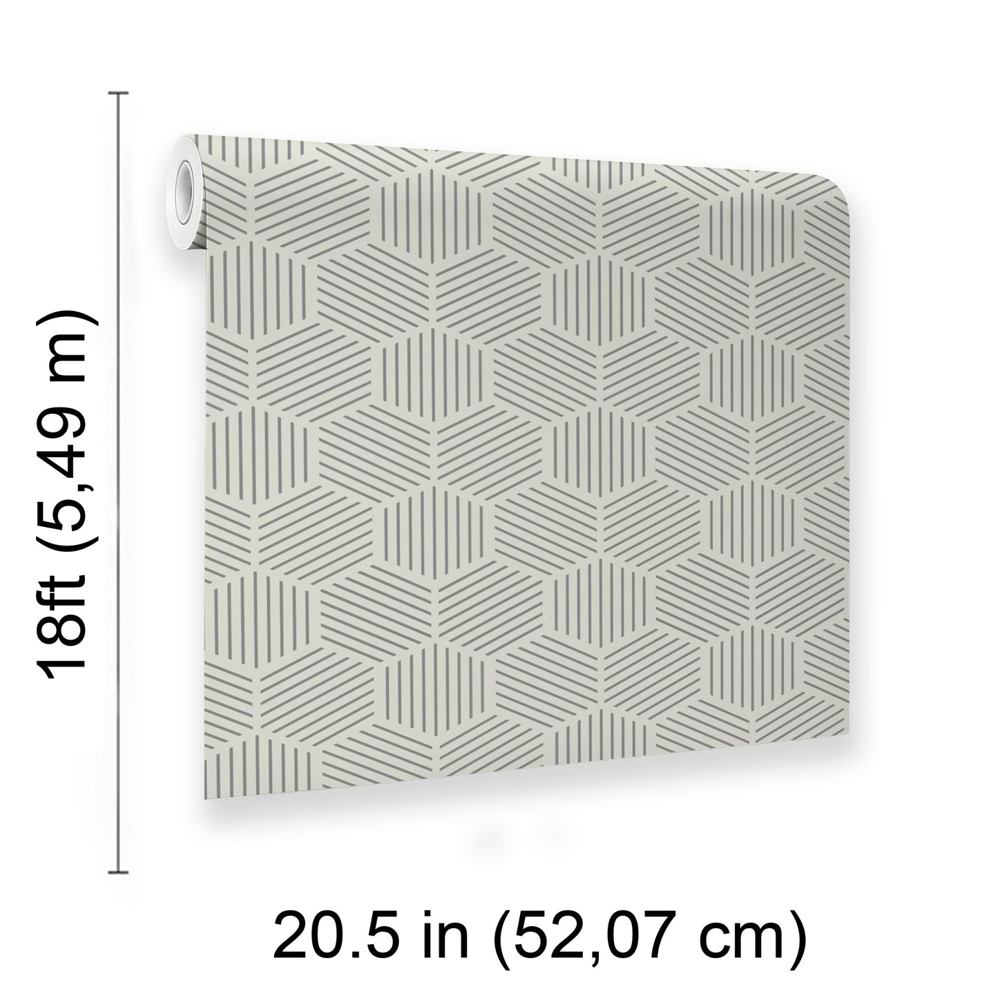 Gray striped hexagonal mosaic wallpaper, peel-and-stick; flat wallpaper with rounded corners.