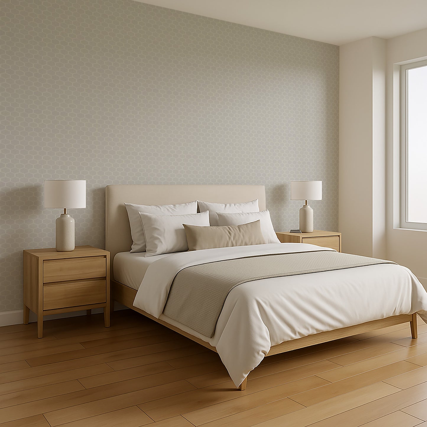 Gray striped hexagonal mosaic peel-and-stick wallpaper on a wall in a neutral room.