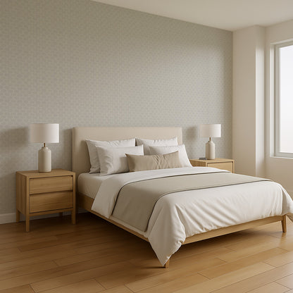 Gray striped hexagonal mosaic peel-and-stick wallpaper on a wall in a neutral room.