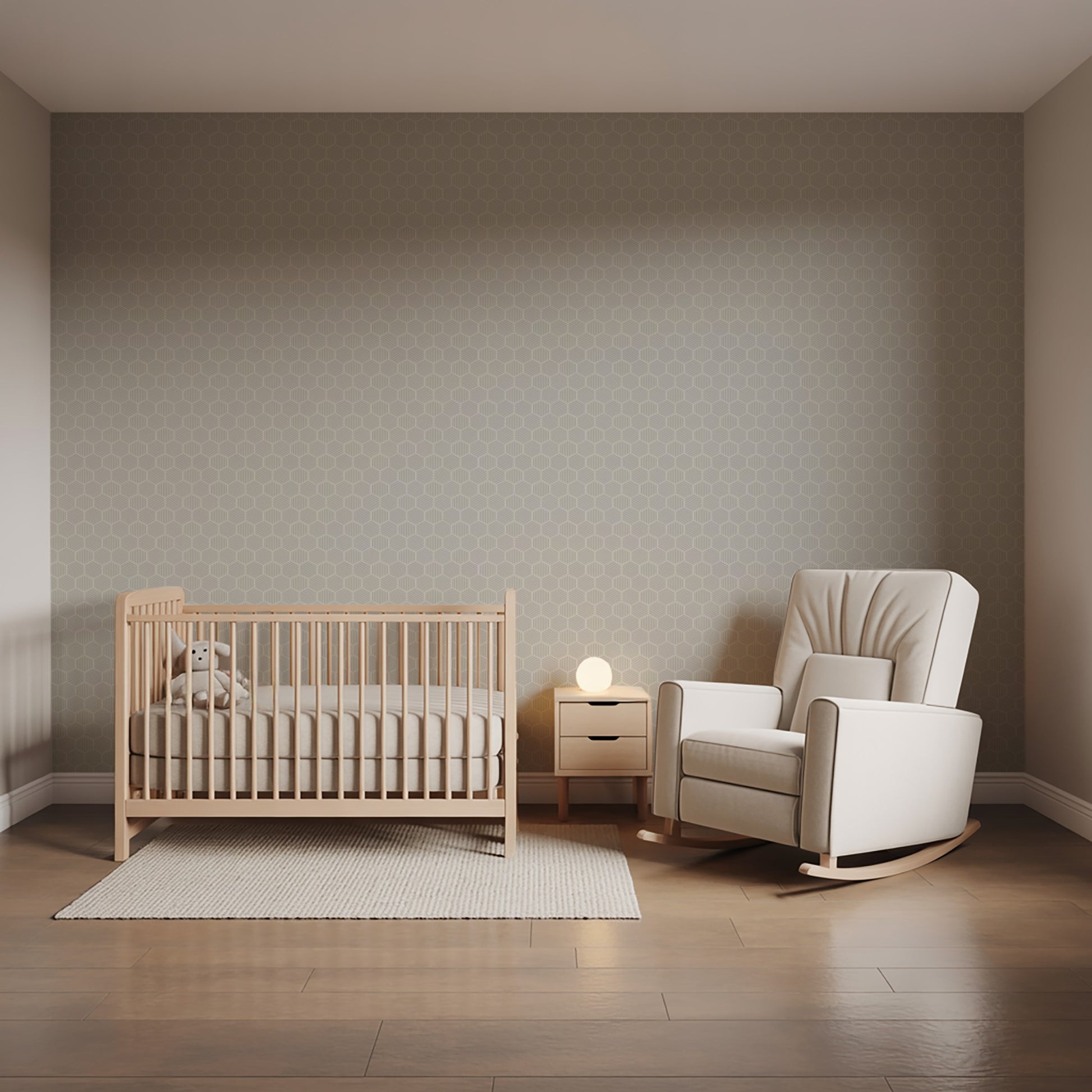 Gray striped hexagonal mosaic peel-and-stick wallpaper with a modern geometric pattern.