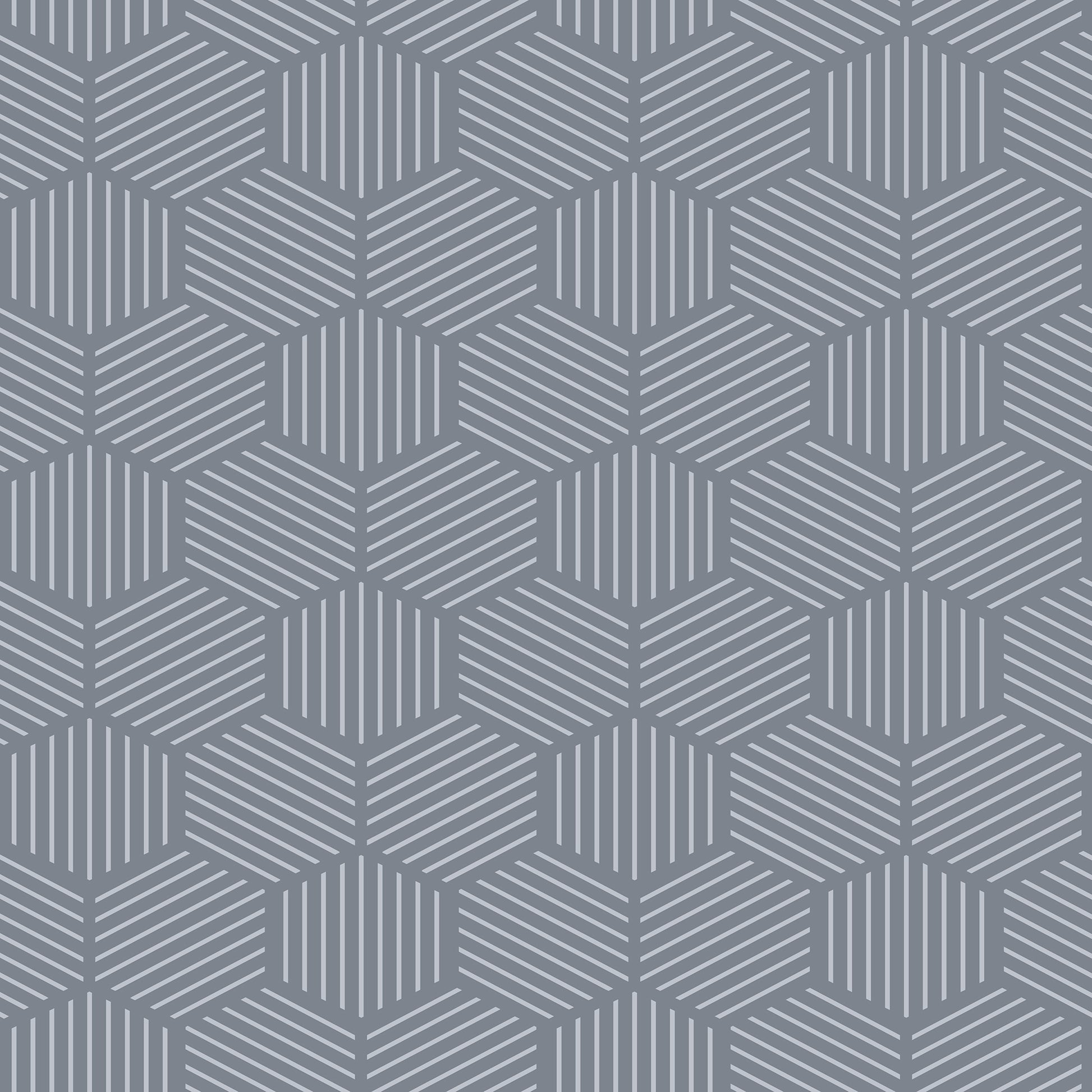 Blue-gray wallpaper with pale gray lines forming a tessellated hexagonal cube pattern.