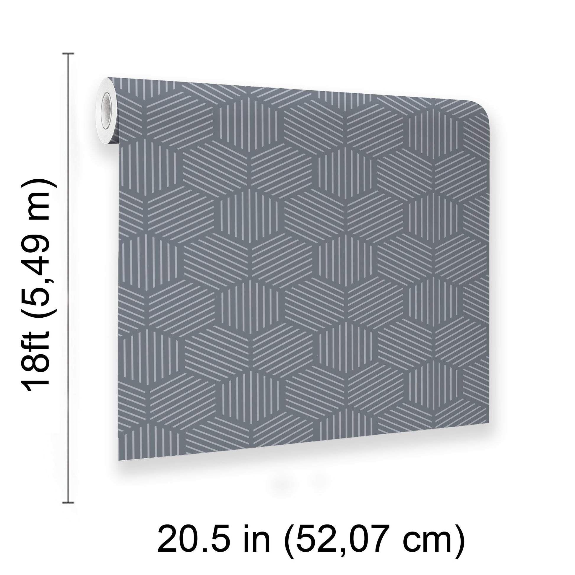 Blue-gray wallpaper panel with repeating isometric cube pattern; modern geometric wall decor, 20.5 in wide by 18 ft long.