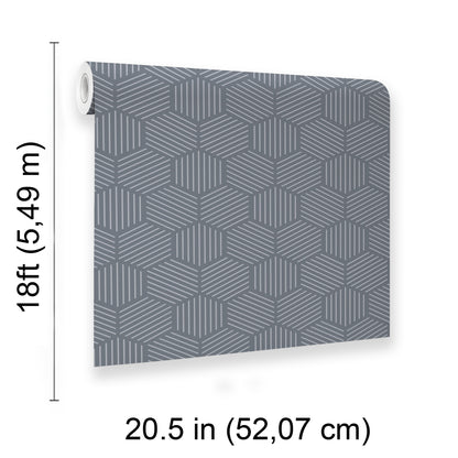 Blue-gray wallpaper panel with repeating isometric cube pattern; modern geometric wall decor, 20.5 in wide by 18 ft long.