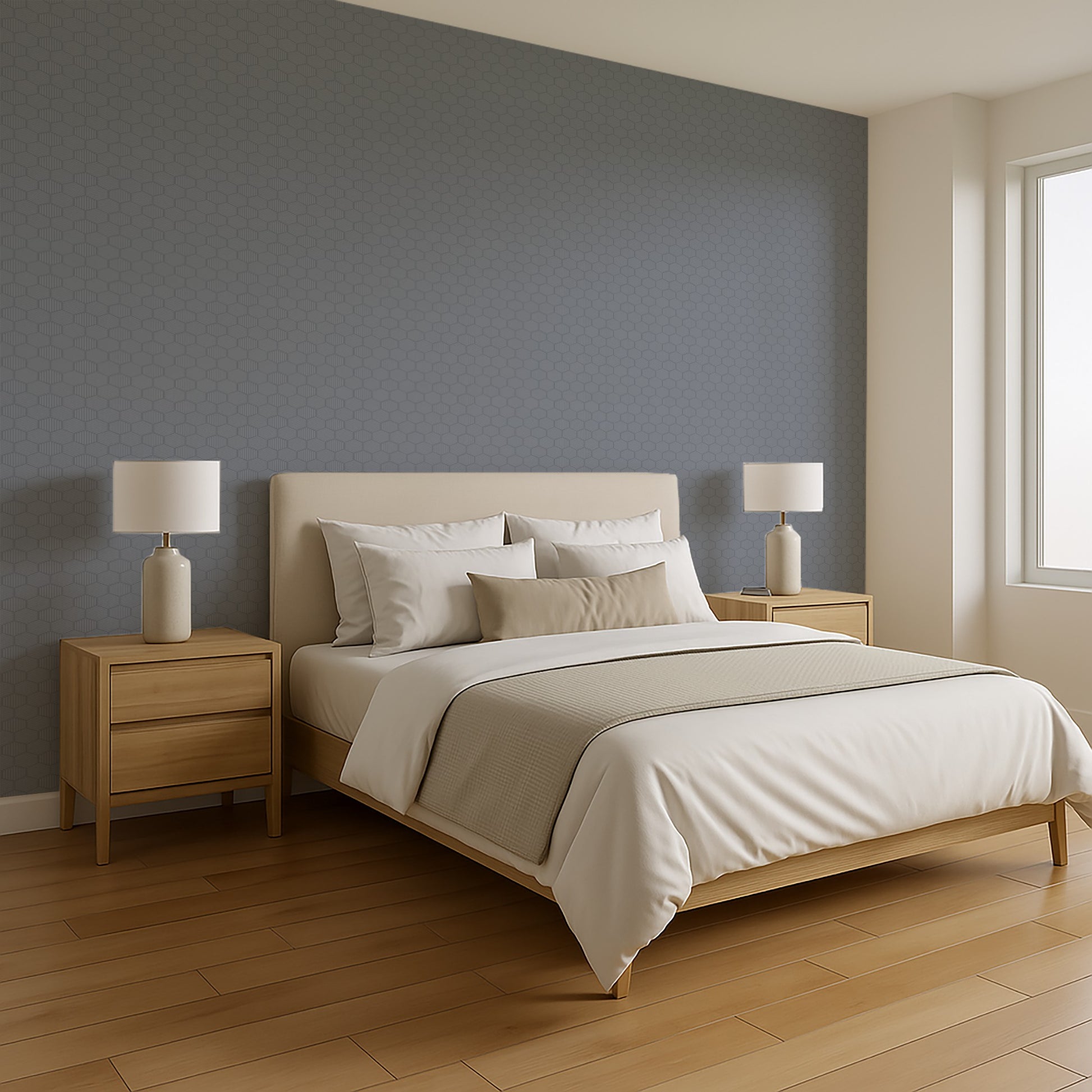 Blue striped hexagonal mosaic peel-and-stick wallpaper in an abstract modern design.