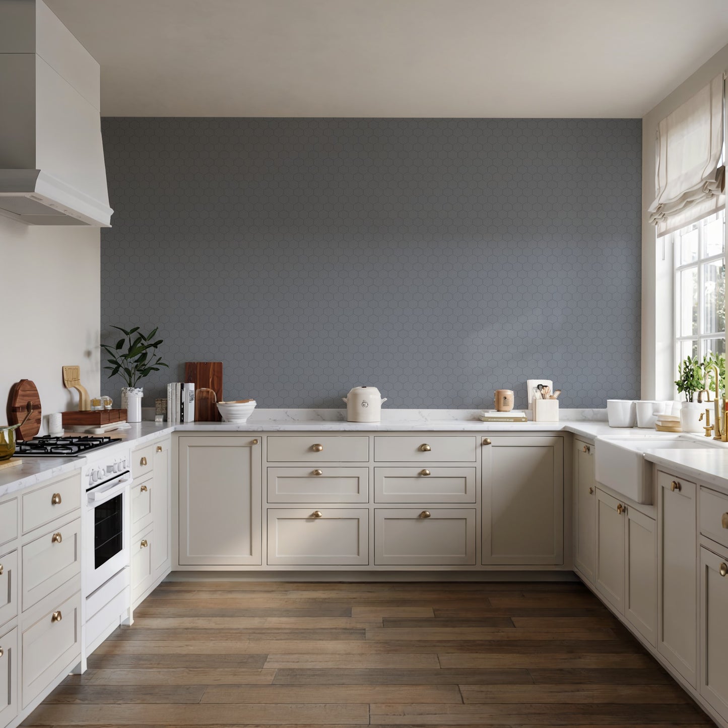 Striped hexagonal mosaic blue peel-and-stick wallpaper with an abstract modern blue pattern on a wall.
