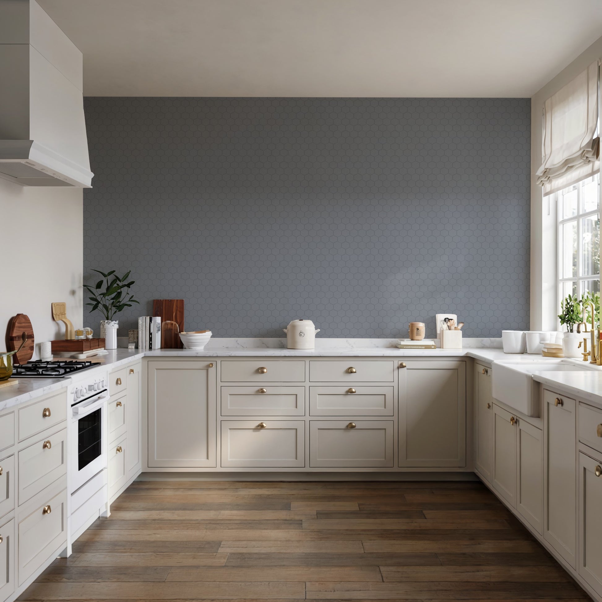 Striped hexagonal mosaic blue peel-and-stick wallpaper with an abstract modern blue pattern on a wall.