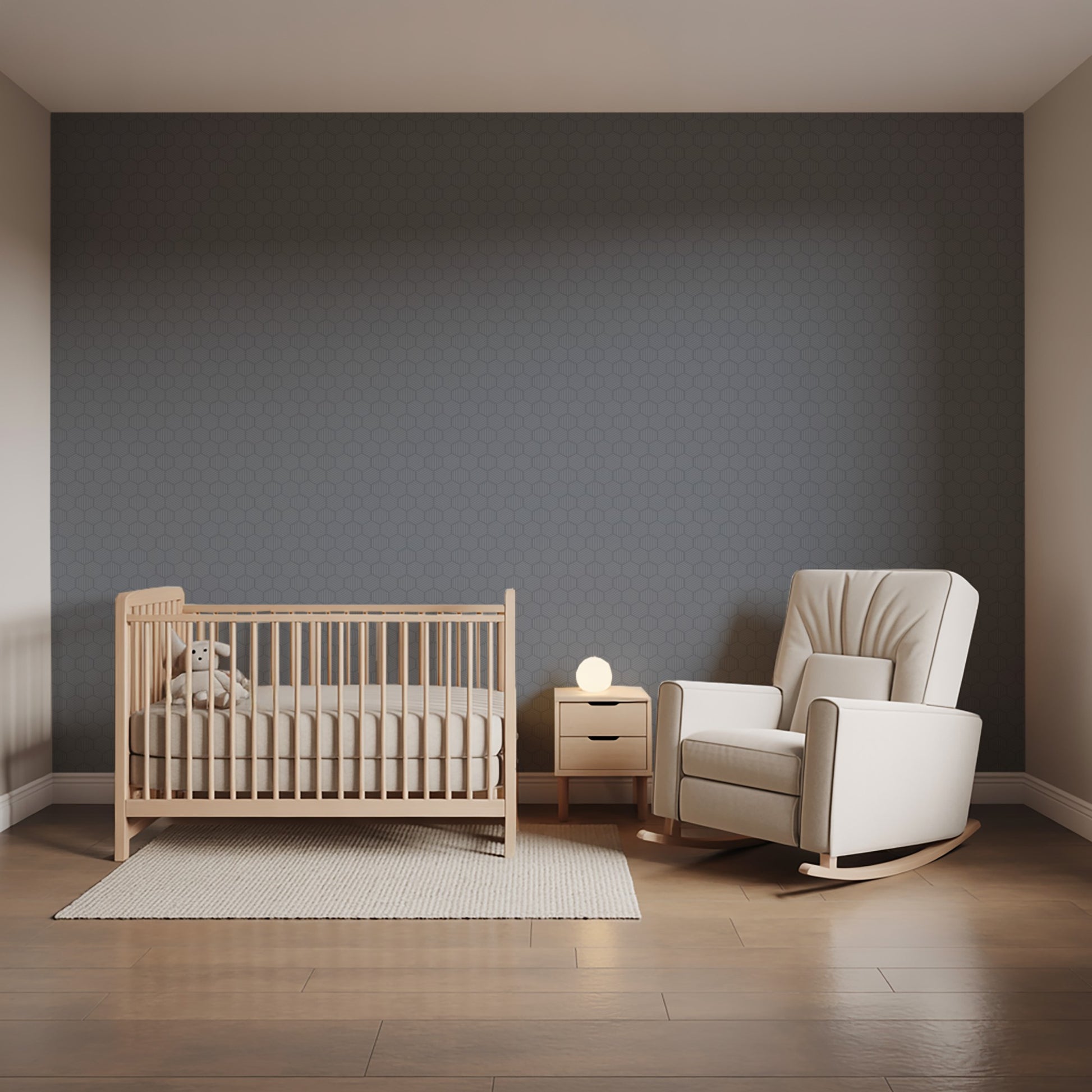 Blue abstract wallpaper with striped hexagonal mosaic pattern; peel-and-stick wall covering.