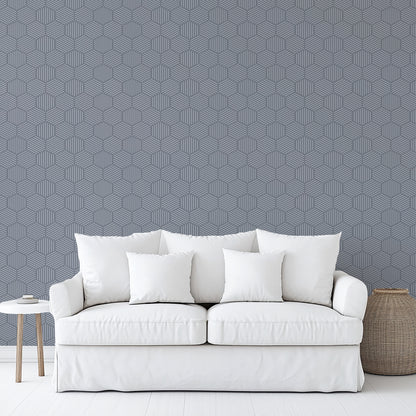 Blue abstract wallpaper with a striped hexagonal mosaic pattern; peel and stick.