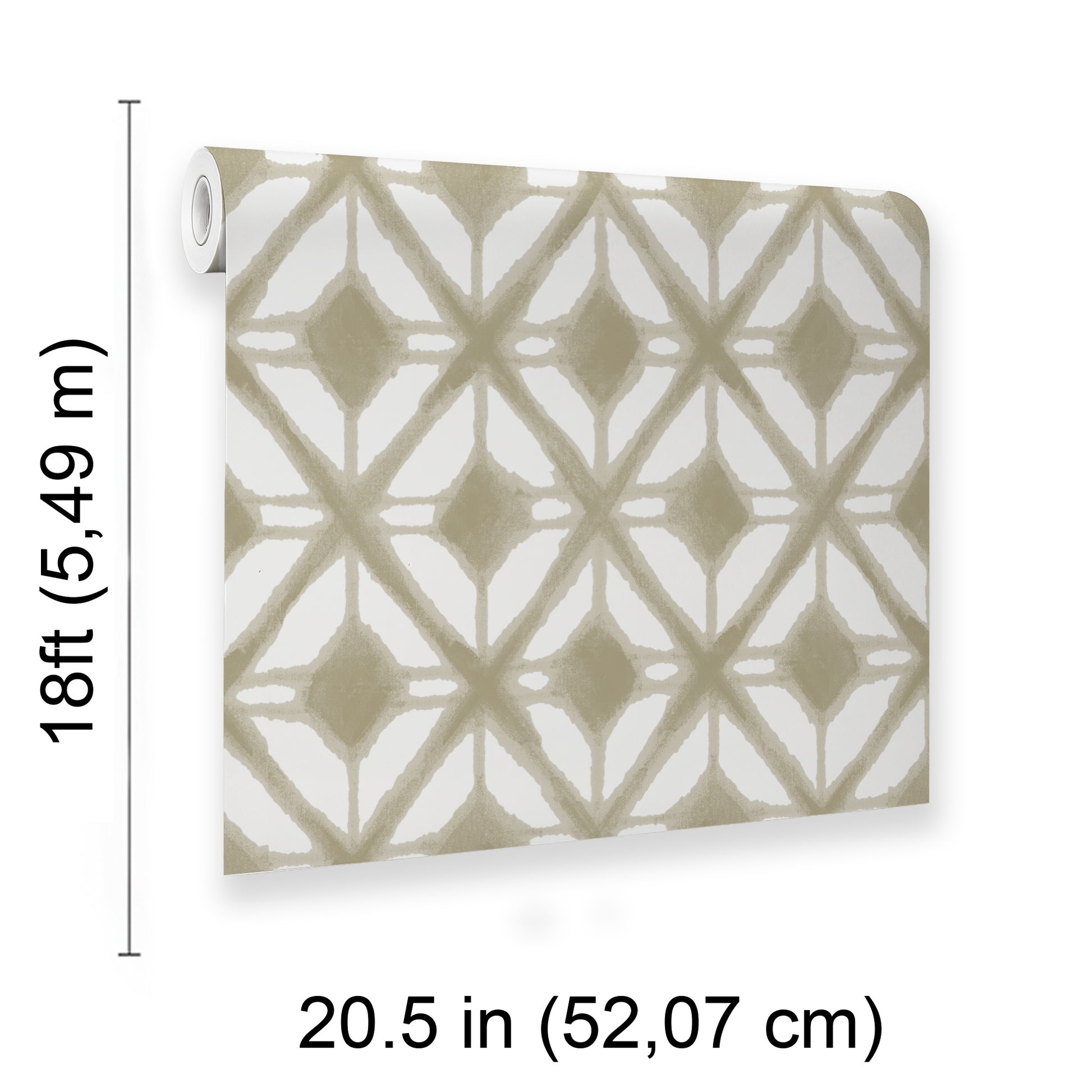 Taupe geometric lattice pattern peel-and-stick wallpaper; off-white background, 20.5 in wide by 18 ft tall.