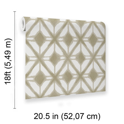 Taupe geometric lattice pattern peel-and-stick wallpaper; off-white background, 20.5 in wide by 18 ft tall.