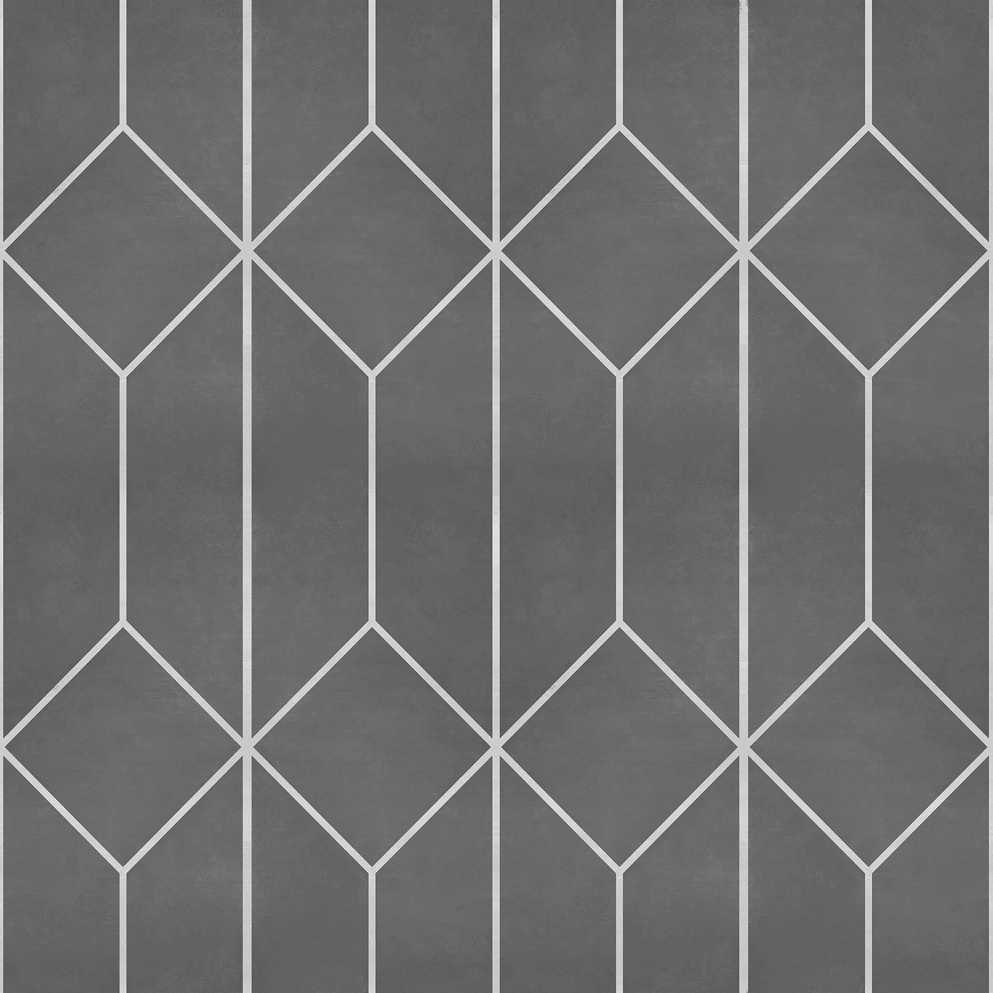 Gray wallpaper with white diamond lattice and vertical lines; modern geometric design.