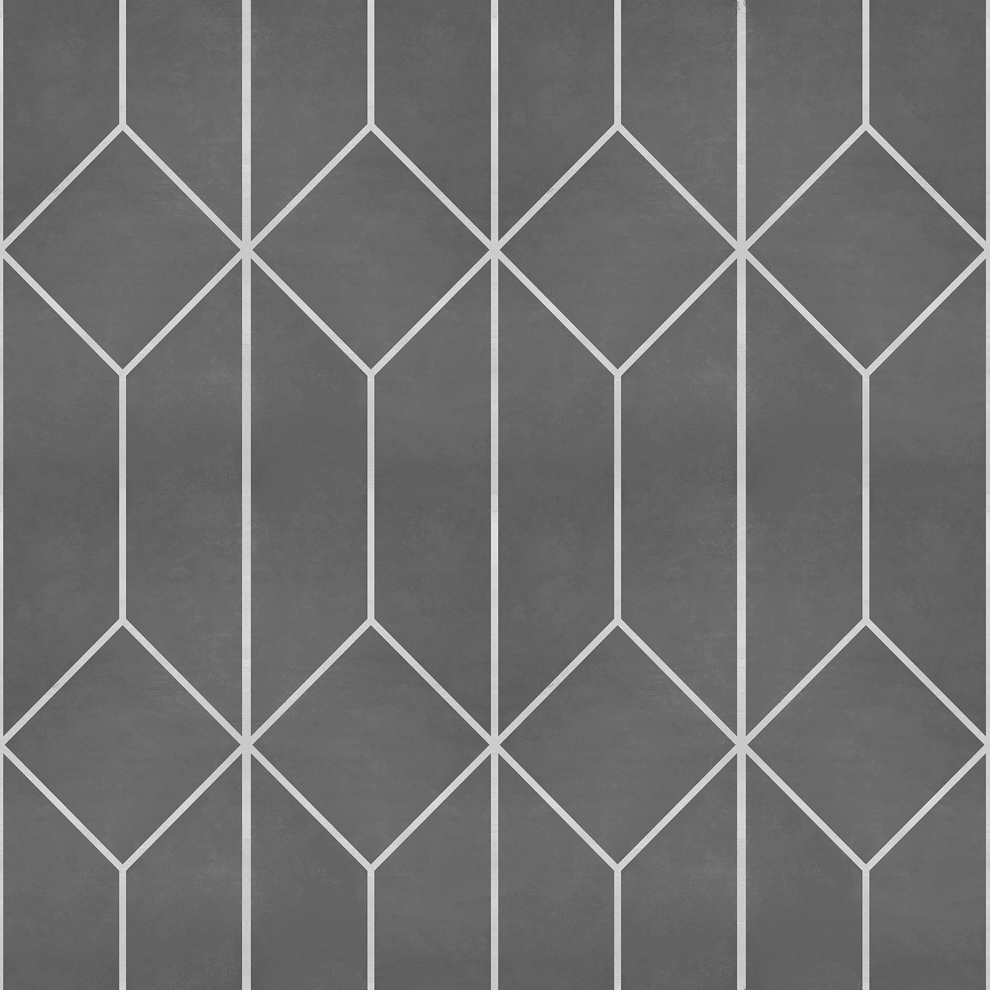 Gray wallpaper with white diamond lattice and vertical lines; modern geometric design.
