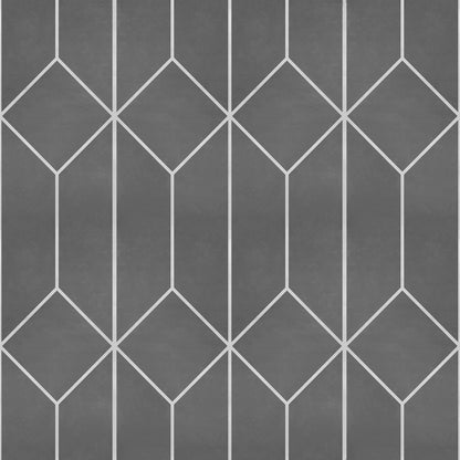 Gray wallpaper with white diamond lattice and vertical lines; modern geometric design.