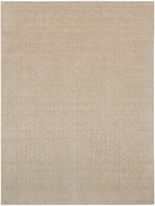 Beige woven rug with subtle light-gray geometric chevron pattern; rectangular, modern minimalist style for living spaces.