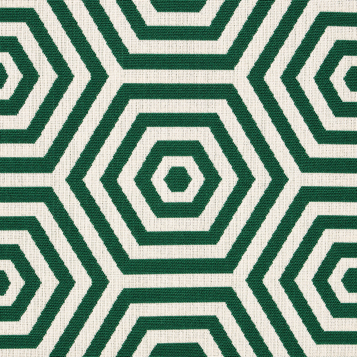 Dark green hexagon concentric pattern on cream woven fabric; bold geometric textile, likely rug or throw.
