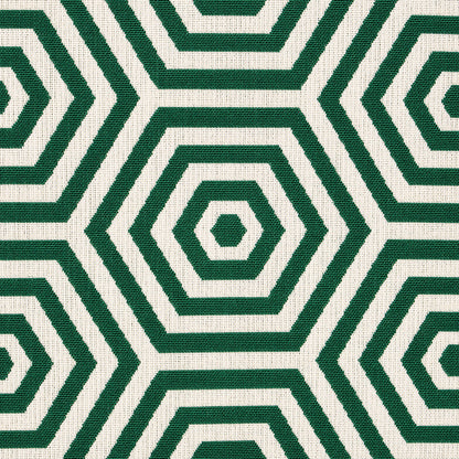 Dark green hexagon concentric pattern on cream woven fabric; bold geometric textile, likely rug or throw.