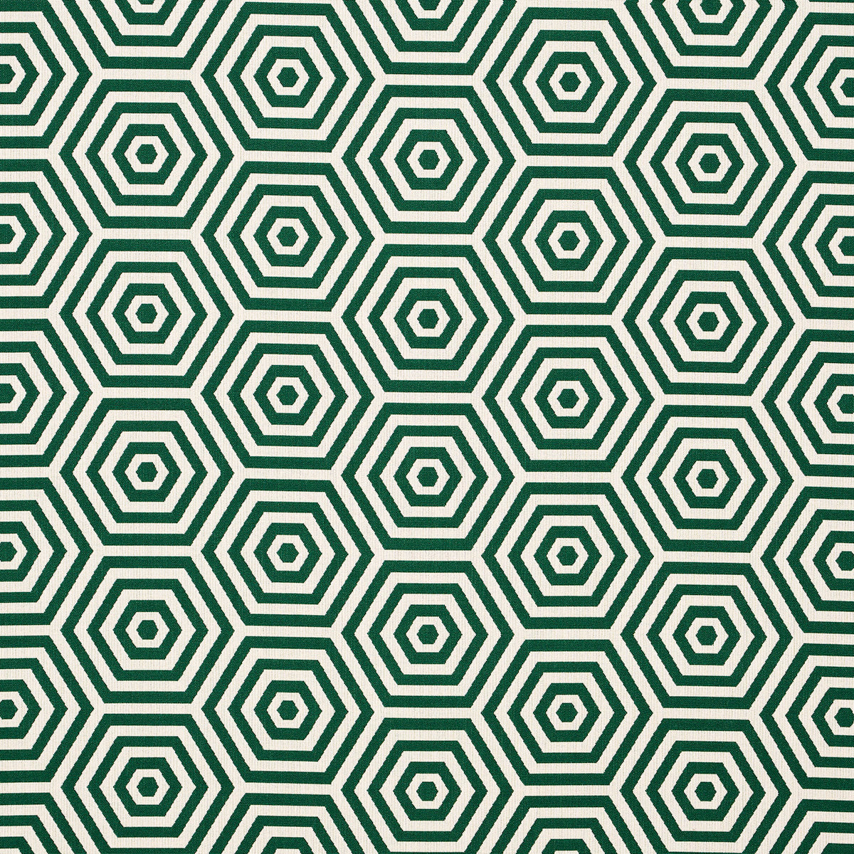 Emerald green concentric hexagon geometric pattern on a light cream background; repeating tile-like fabric design.