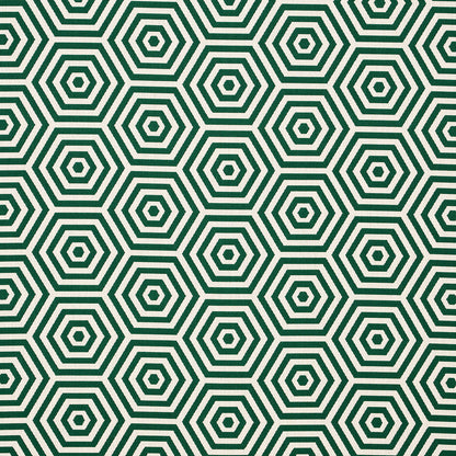 Emerald green concentric hexagon geometric pattern on a light cream background; repeating tile-like fabric design.