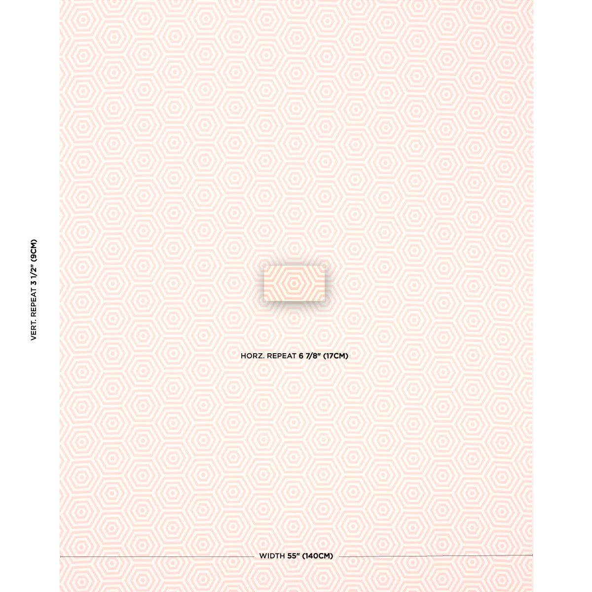 Soft peach indoor/outdoor woven fabric with a petal pattern; centered small swatch label; width 55 in and horizontal repeat.