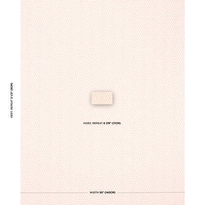 Soft peach indoor/outdoor woven fabric with a petal pattern; centered small swatch label; width 55 in and horizontal repeat.