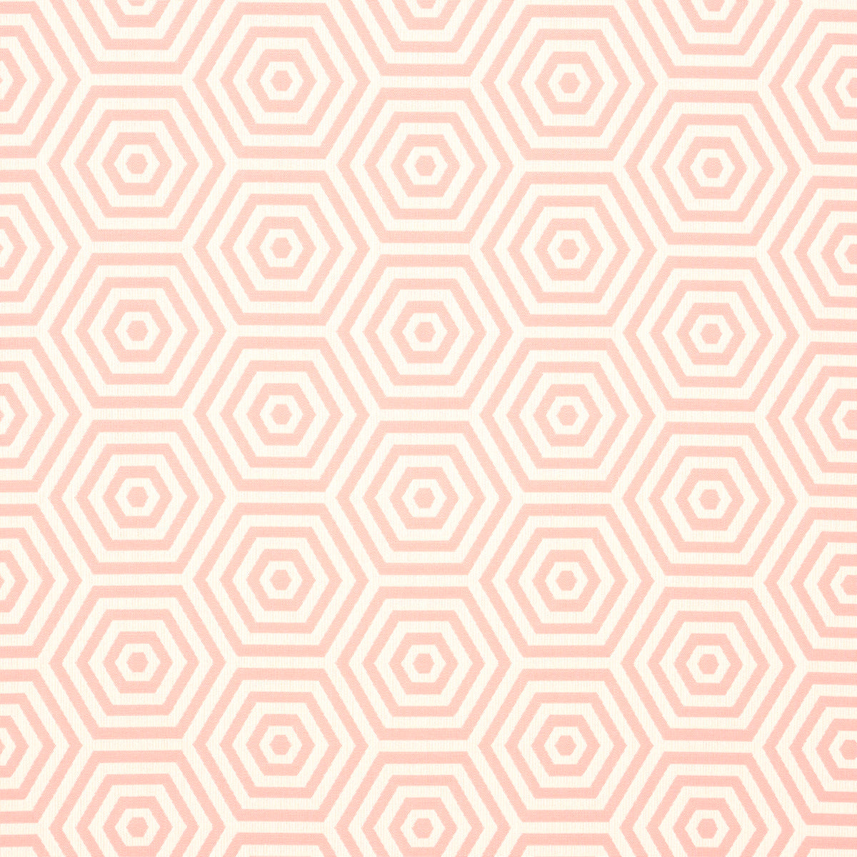Peach geometric hexagonal pattern with concentric hex rings on cream background, tile-look indoor/outdoor woven fabric.