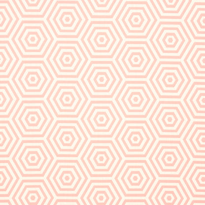 Peach geometric hexagonal pattern with concentric hex rings on cream background, tile-look indoor/outdoor woven fabric.