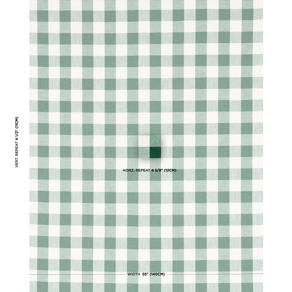 Green and white gingham check fabric with even squares, woven textile for apparel or home decor.