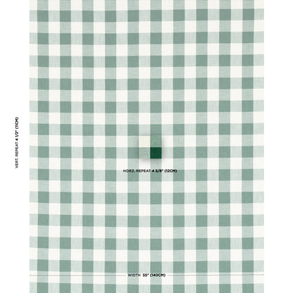 Green and white gingham check fabric with even squares, woven textile for apparel or home decor.