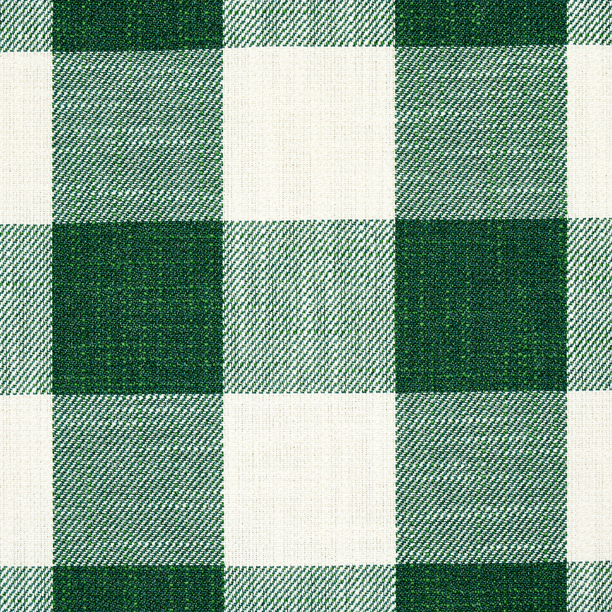 Green and white checkered plaid fabric swatch with a woven texture.