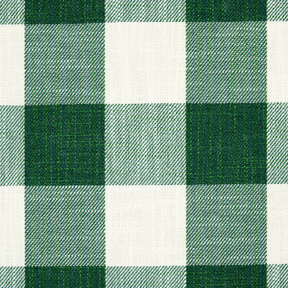 Green and white checkered plaid fabric swatch with a woven texture.