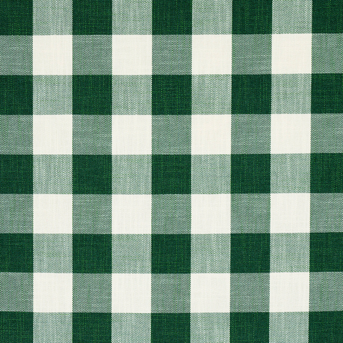 Green and white gingham cotton fabric with square checks and woven texture.