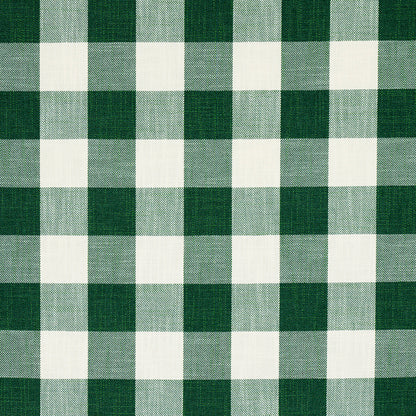 Green and white gingham cotton fabric with square checks and woven texture.